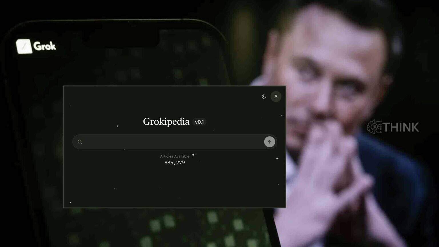Montaje conceptual de la interfaz de Grokipedia sobre un smartphone, con una figura pensativa y el logo IATHINK de fondo.