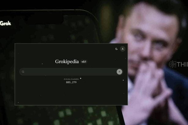 Montaje conceptual de la interfaz de Grokipedia sobre un smartphone, con una figura pensativa y el logo IATHINK de fondo.