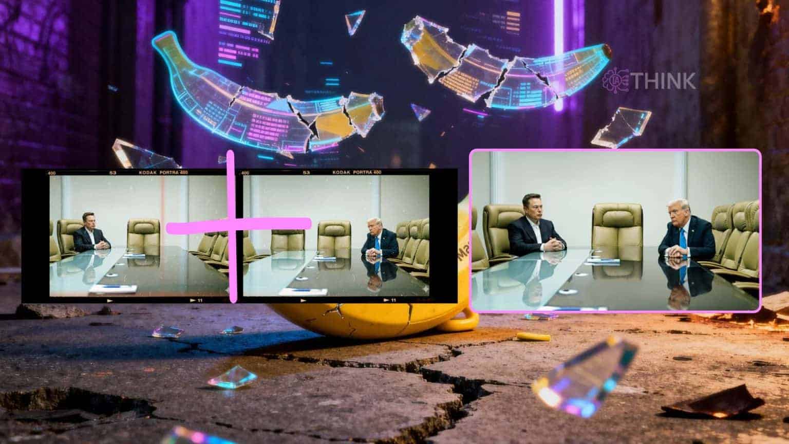 Ejemplo visual sobre cómo fusionar imágenes IA gratis, uniendo fotos de Elon Musk y Donald Trump en una única escena.