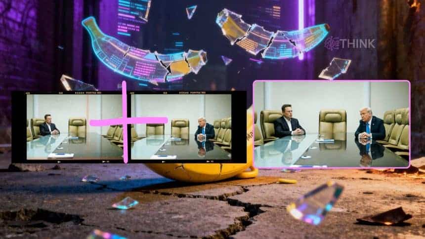 Ejemplo visual sobre cómo fusionar imágenes IA gratis, uniendo fotos de Elon Musk y Donald Trump en una única escena.