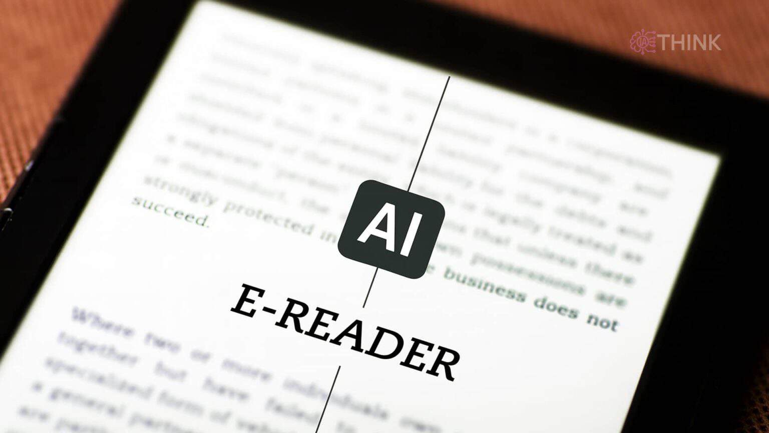 Primer plano de un e-reader con un icono de IA superpuesto, representando la traducción automática de libros digitales.
