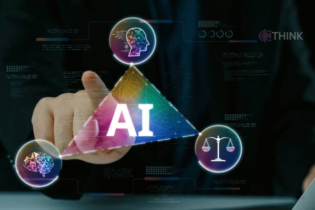 Análisis forense de IA representado por una mano auditando un holograma con iconos de inteligencia, redes neuronales y justicia.