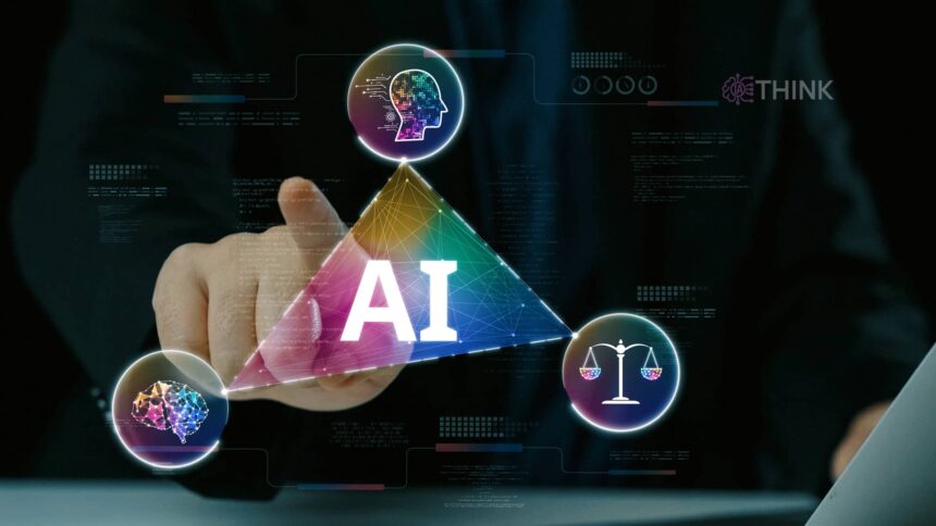 Análisis forense de IA representado por una mano auditando un holograma con iconos de inteligencia, redes neuronales y justicia.
