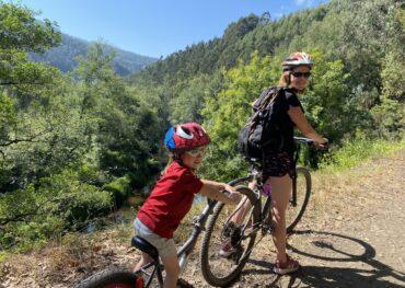 Beautiful family cycling through lush green Asturias countryside with mountains in background.