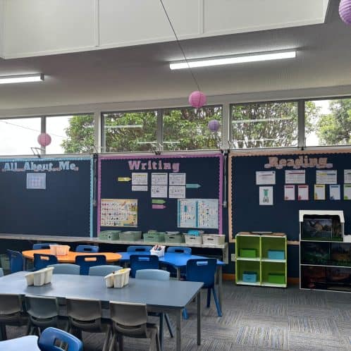 Colourful classroom with educational displays, student artwork, and learning stations, designed for early childhood or primary education in New Zealand.
