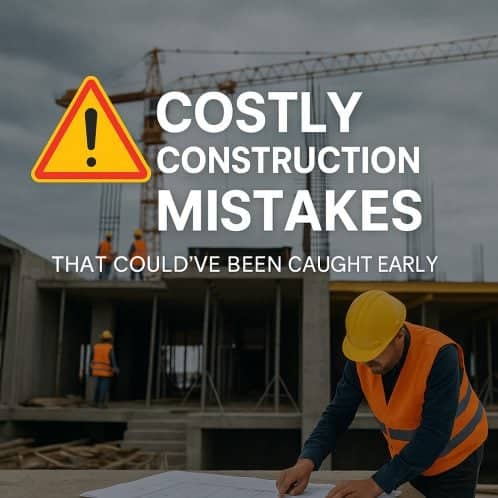 Warning sign on a construction site highlighting costly construction mistakes to avoid.
