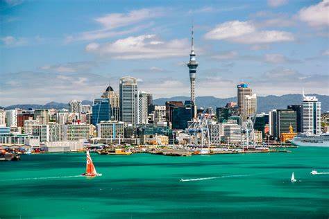 Auckland city skyline with Sky Tower and waterfront, New Zealand.