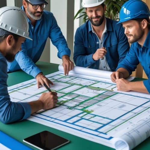 Blueprint planning construction site engineers working on architectural plans at desk in modern office building image.