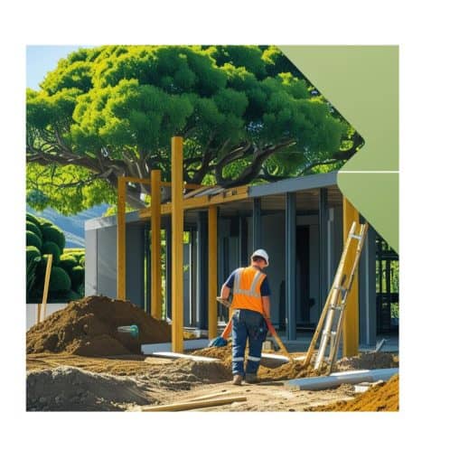 Modern home construction site with a construction worker, wooden framing, and lush green trees in the background, illustrating contemporary residential building development in New Zealand.