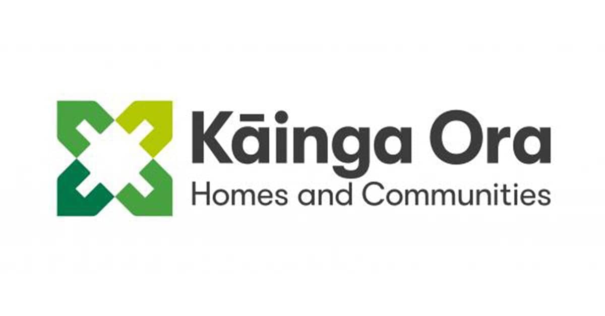 Modern Kāinga Ora Homes and Communities logo with green and black design elements, representing sustainable housing and community development initiatives in New Zealand.