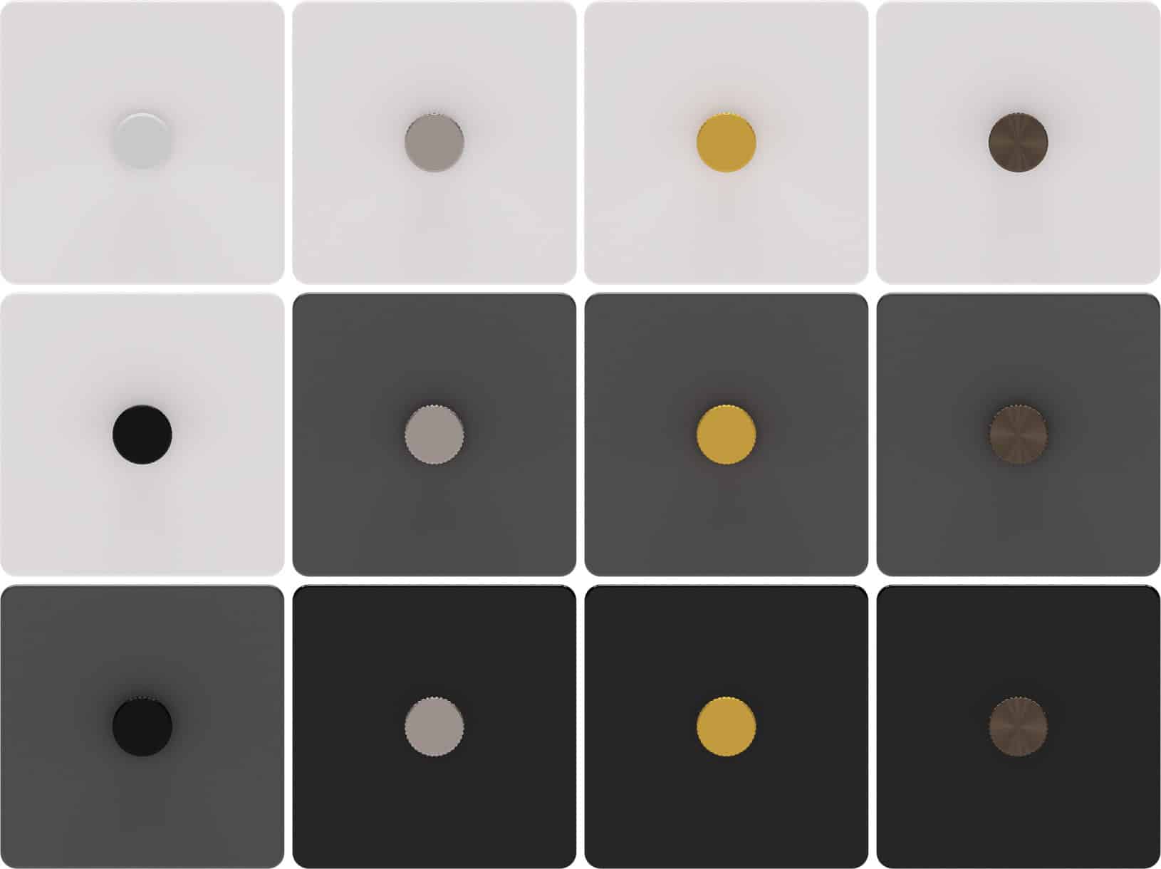 Samotech SM323-WF WiFi Dimmer Switch finishes: white, grey, black plates with silver, gold, antique brass and black knobs