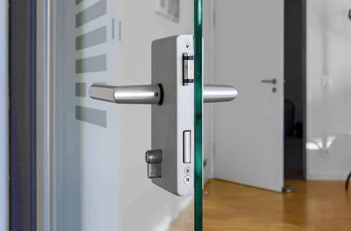 Commercial glass door lock and handle system installed as part of professional locksmith services in Olney, MD