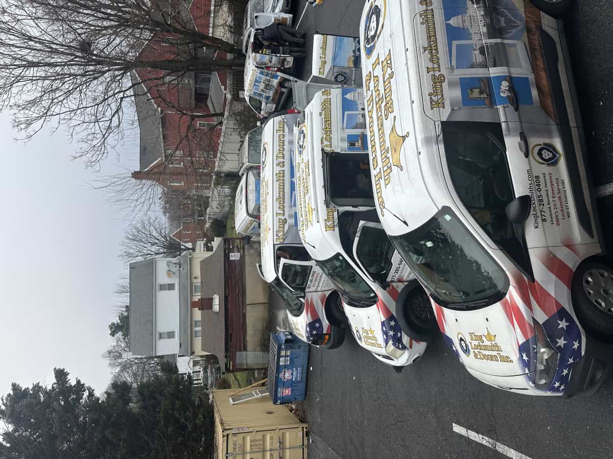 King Locksmith & Doors Inc. emergency locksmith team responding in College Park, MD with fully equipped service vans, providing 24/7 lockout assistance, urgent rekeying, and door security solutions for residential and commercial properties.