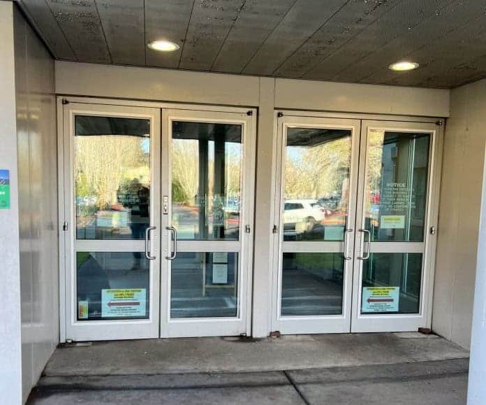 Secure multi-door public facility entrance in Hyattsville. reliable door systems maintained by professional institutional locksmith services.