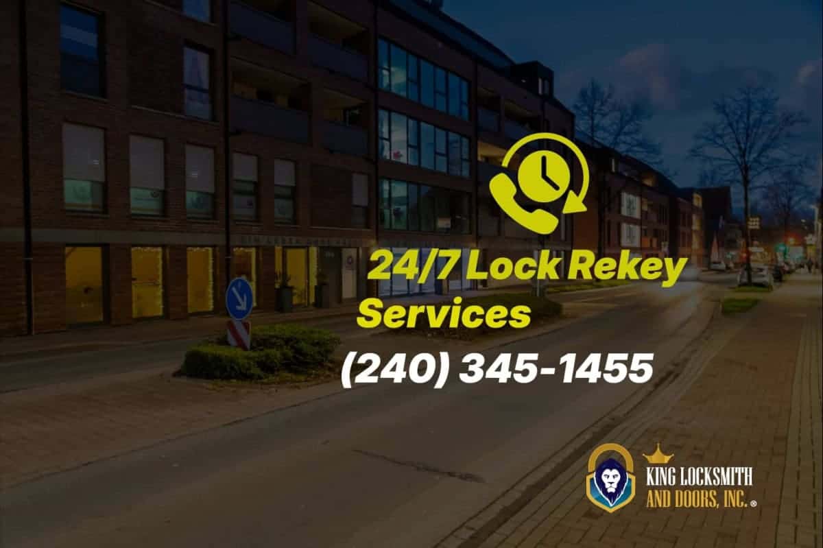 24/7 emergency rekey service in Silver Spring MD with nighttime urban residential setting and immediate locksmith response availability.