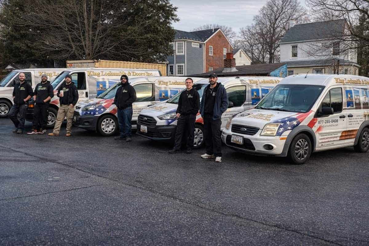 King Locksmith and Doors Inc. team with branded service vehicles in Chevy Chase Maryland, licensed and insured local locksmith company with over 25 years of professional experience serving residential and commercial clients.