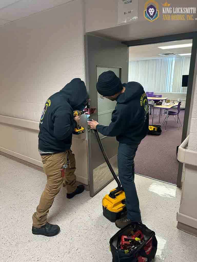 Licensed commercial locksmiths installing reinforced door hardware and high-traffic commercial lock system for a business in Takoma Park, MD