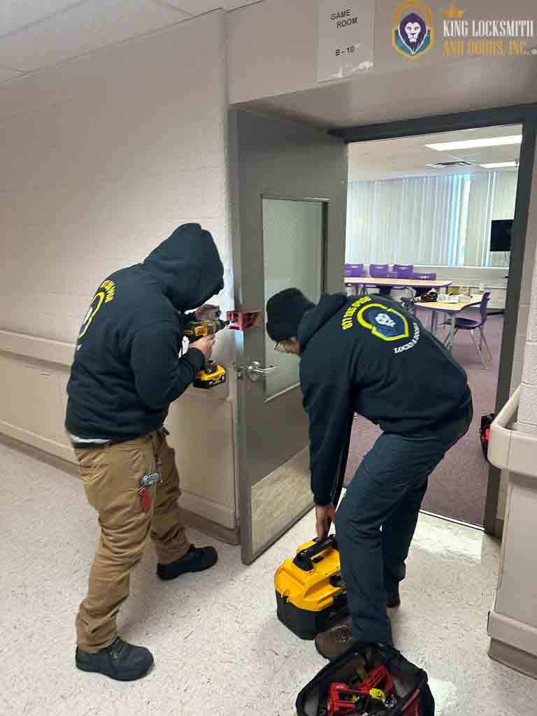 King Locksmith technicians installing residential door hardware and performing professional locksmith service inside Columbia MD property.