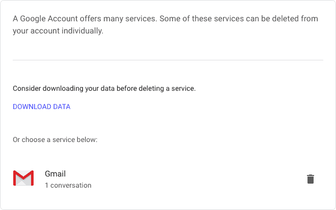 Click the trashcan icon next to Gmail to cancel your account
