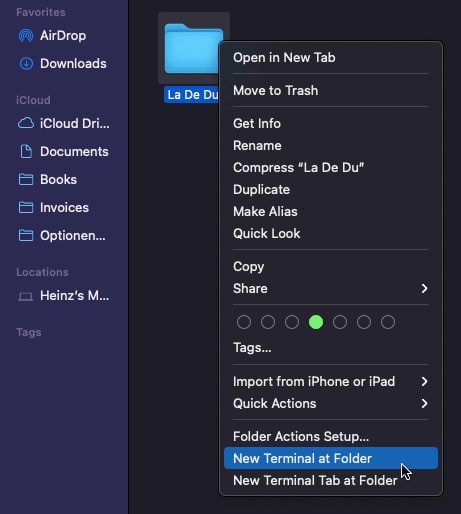 Open a Mac Terminal window from Finder (at the selected folder)