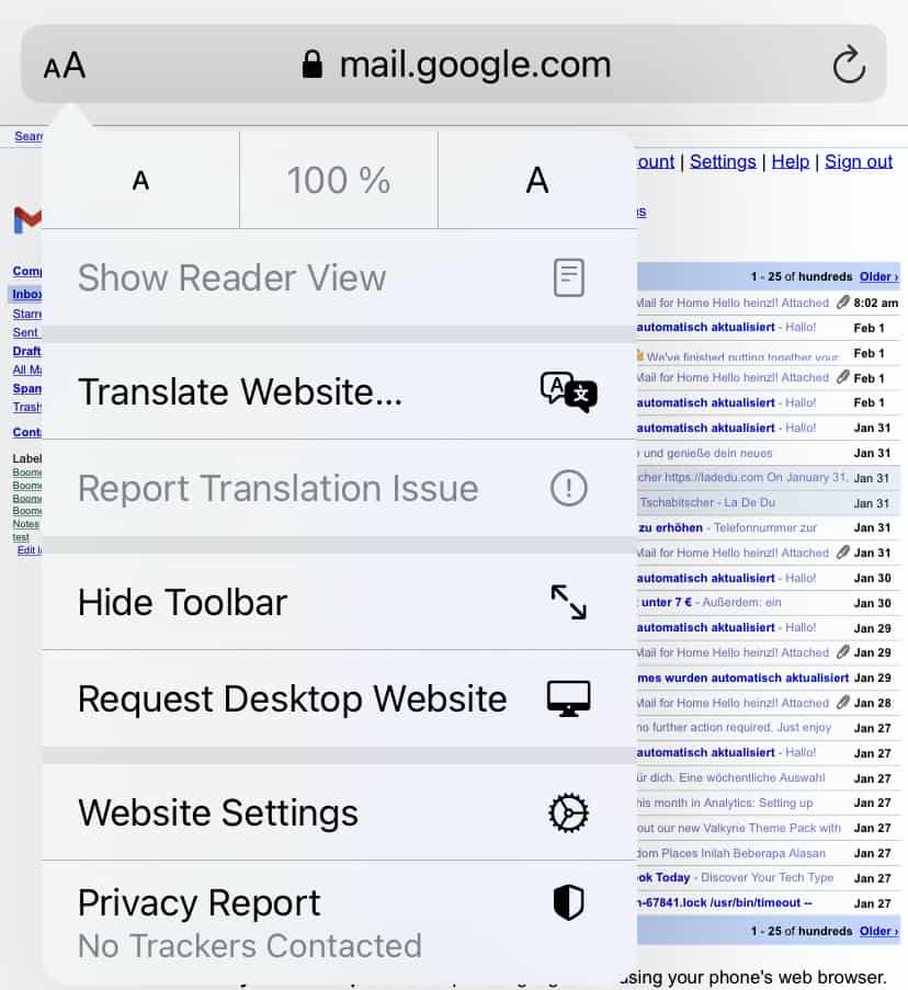 Select "Request Desktop Website" to log in to Gmail desktop version