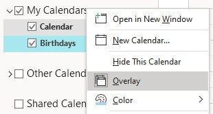 Select "Overlay" to see Outlook calendars in a combined view
