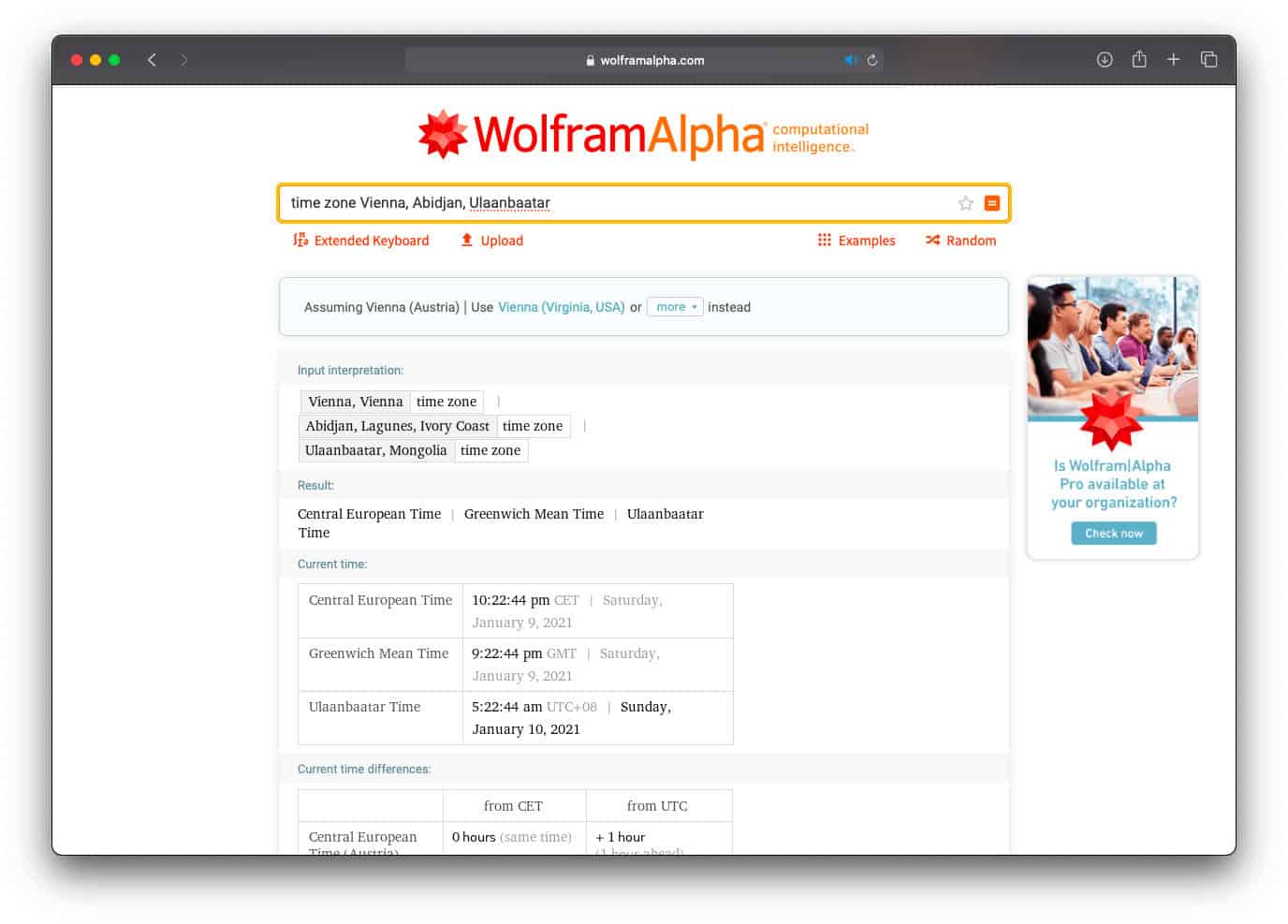 WolframAlpha time zone information