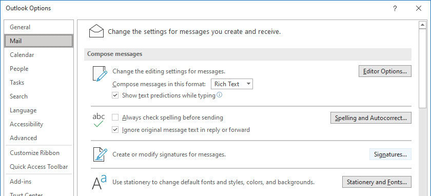 Select “Signatures…” in the “Outlook Options” dialog