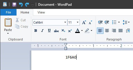 Type the UTF-32 hex code in WordPad for easy Unicode Windows input