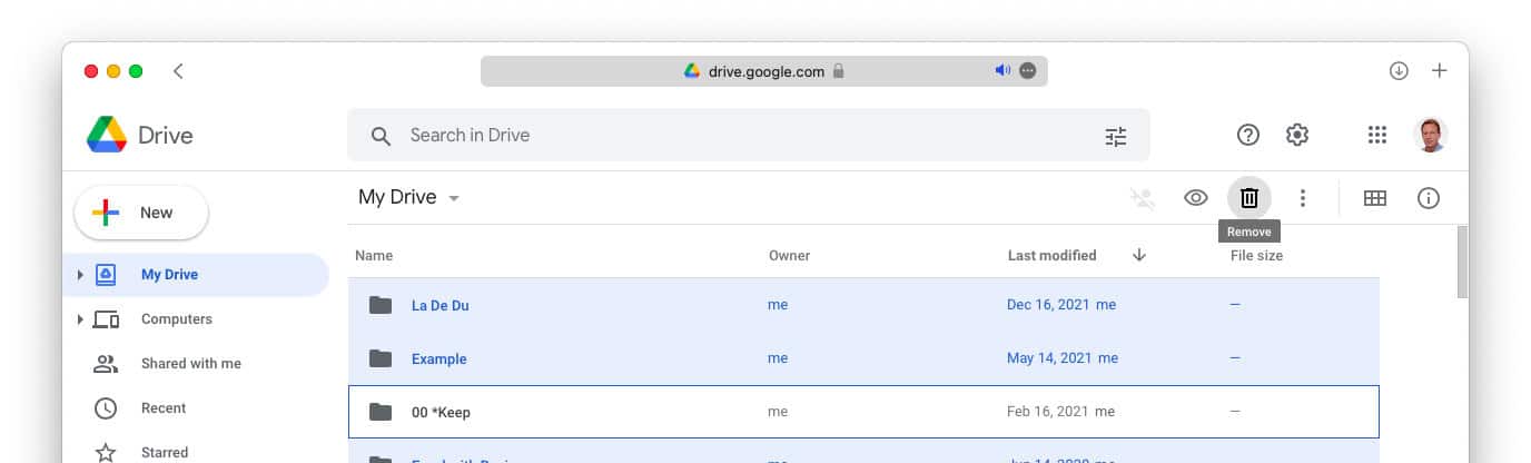 Clear Google Drive and delete all files (save those you want to keep)