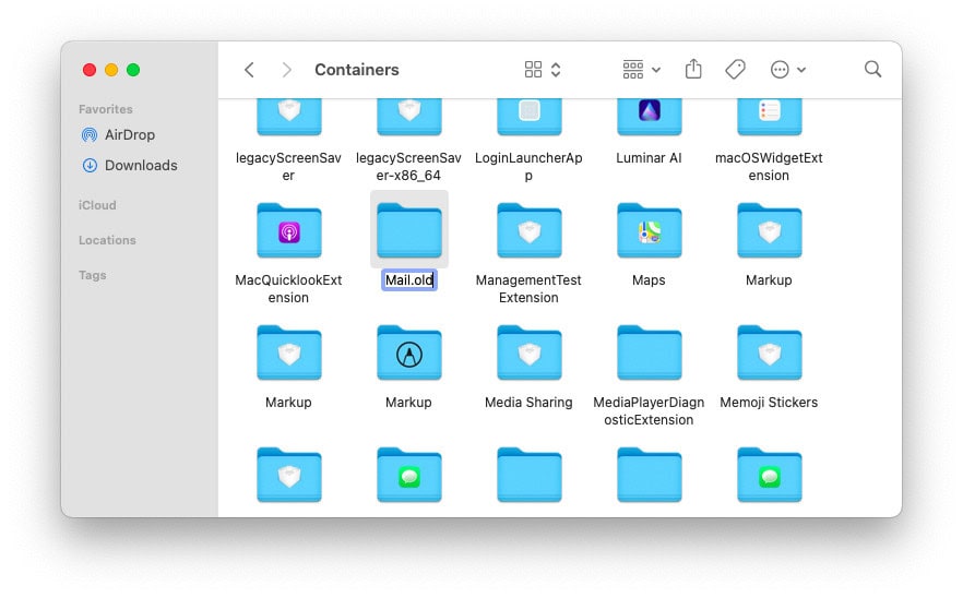 Use "Mail.old" as the folder to back up Mail containers