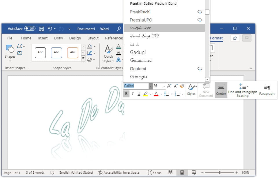 Change the typeface formatting for curved text in Word