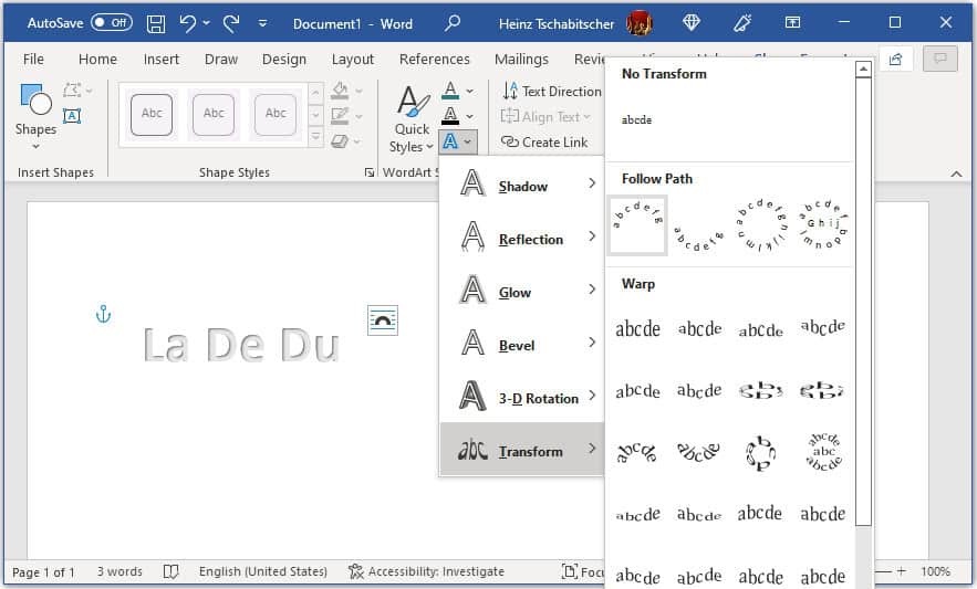 Choose “Transform | Follow Path” to curve text in Word