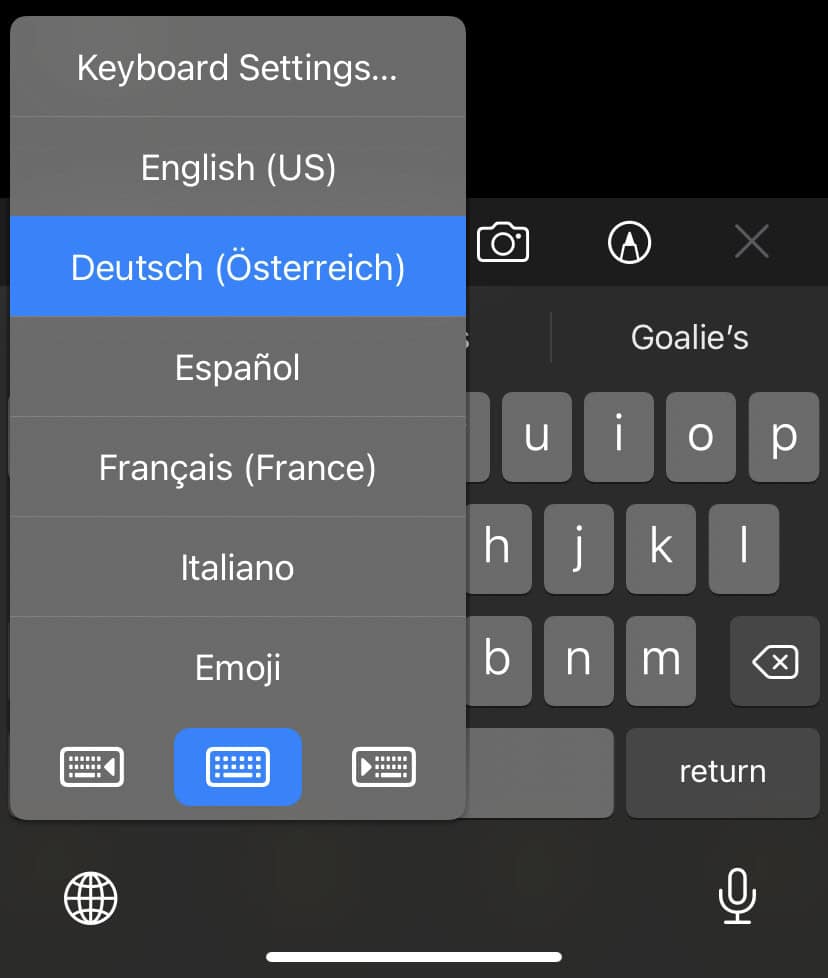 Select the desired input language for the iPhone keyboard from the list