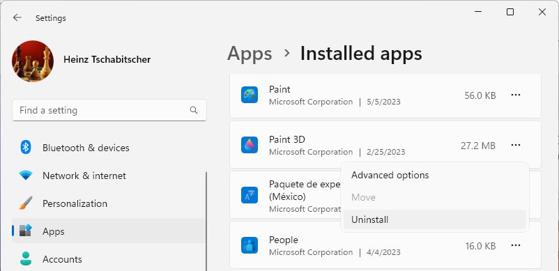 Uninstall Paint 3D in Windows settings