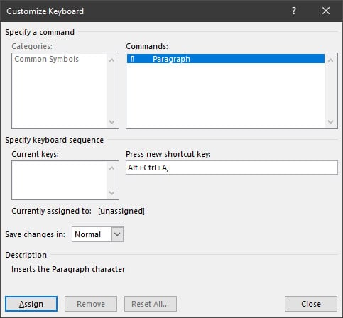 Add a keyboard shortcut for the paragraph sign to Word for Windows