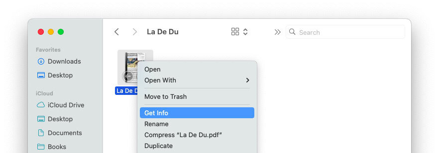 Get Info for any PDF file in Finder to change default PDF settings