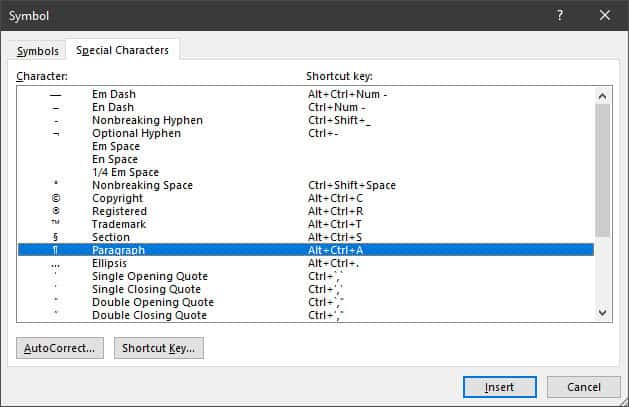 Insert the paragraph symbol using the Word for Windows “Symbol” dialog