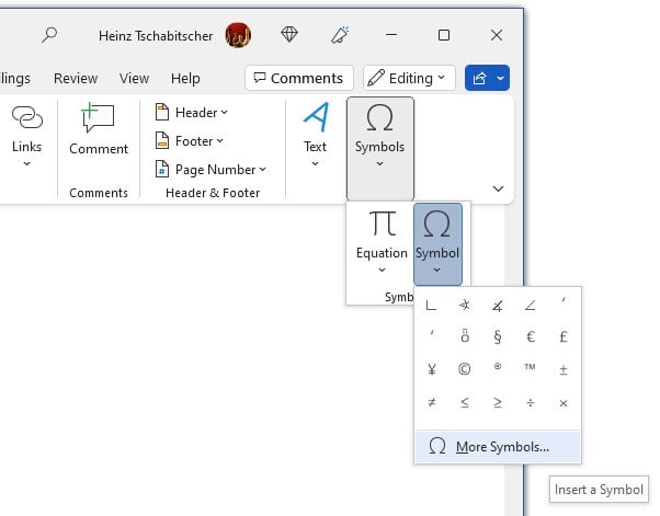 Open the “Symbols” Dialog in Word for Windows