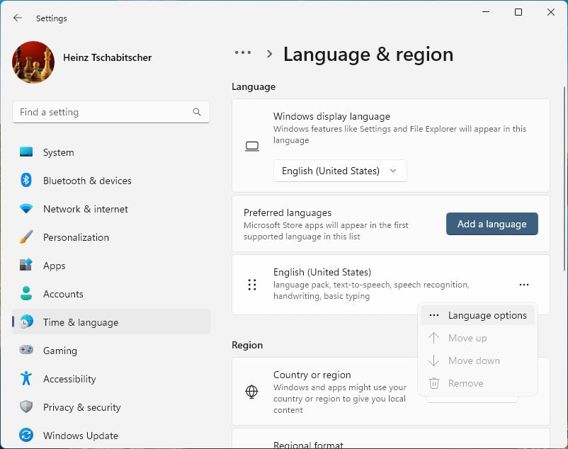 Choose “Language options” in Windows settings
