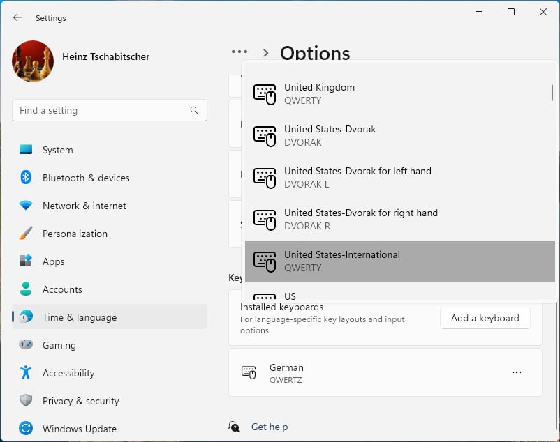 Select “United States-International” to add the US-International keyboard layout to Windows