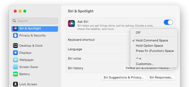 Choose a keyboard shortcut for using Siri on a Mac in System Settings