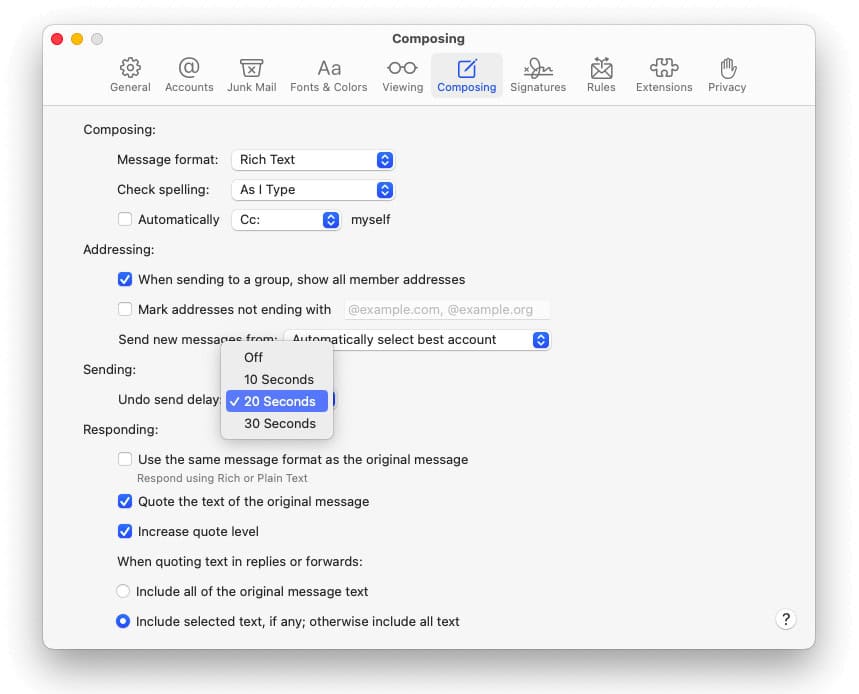 Choose the delay for undo send in Apple Mail for Mac