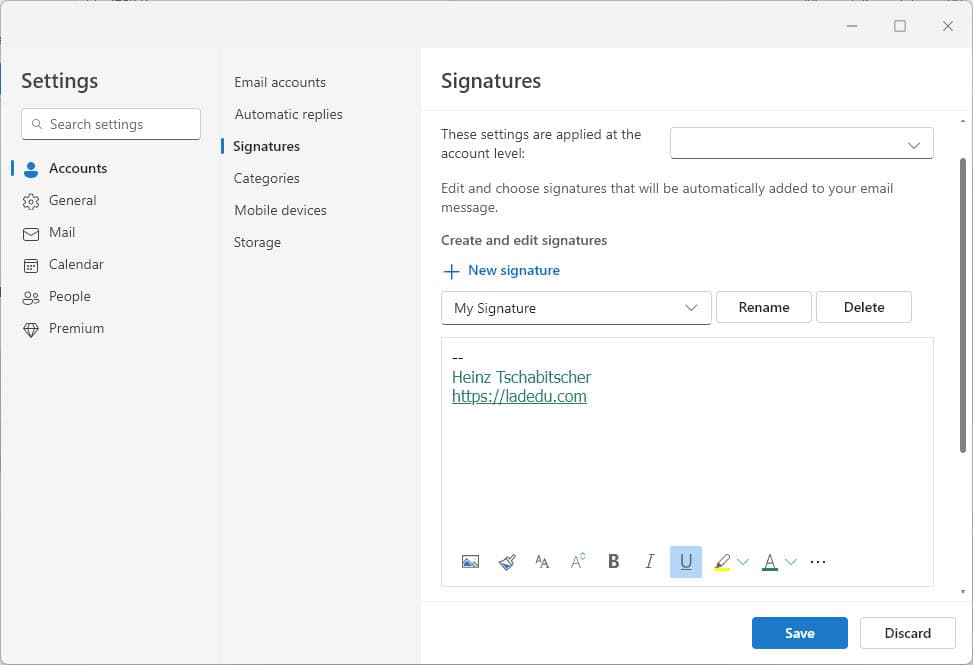 Editing a signature in New Outlook for Windows