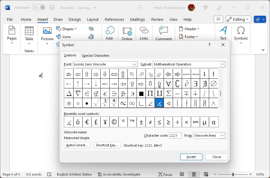 Use the “Symbol” dialog to insert the angle symbol in Word on Windows