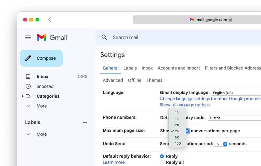 You can change how many emails Gmail shows per page in “Settings”