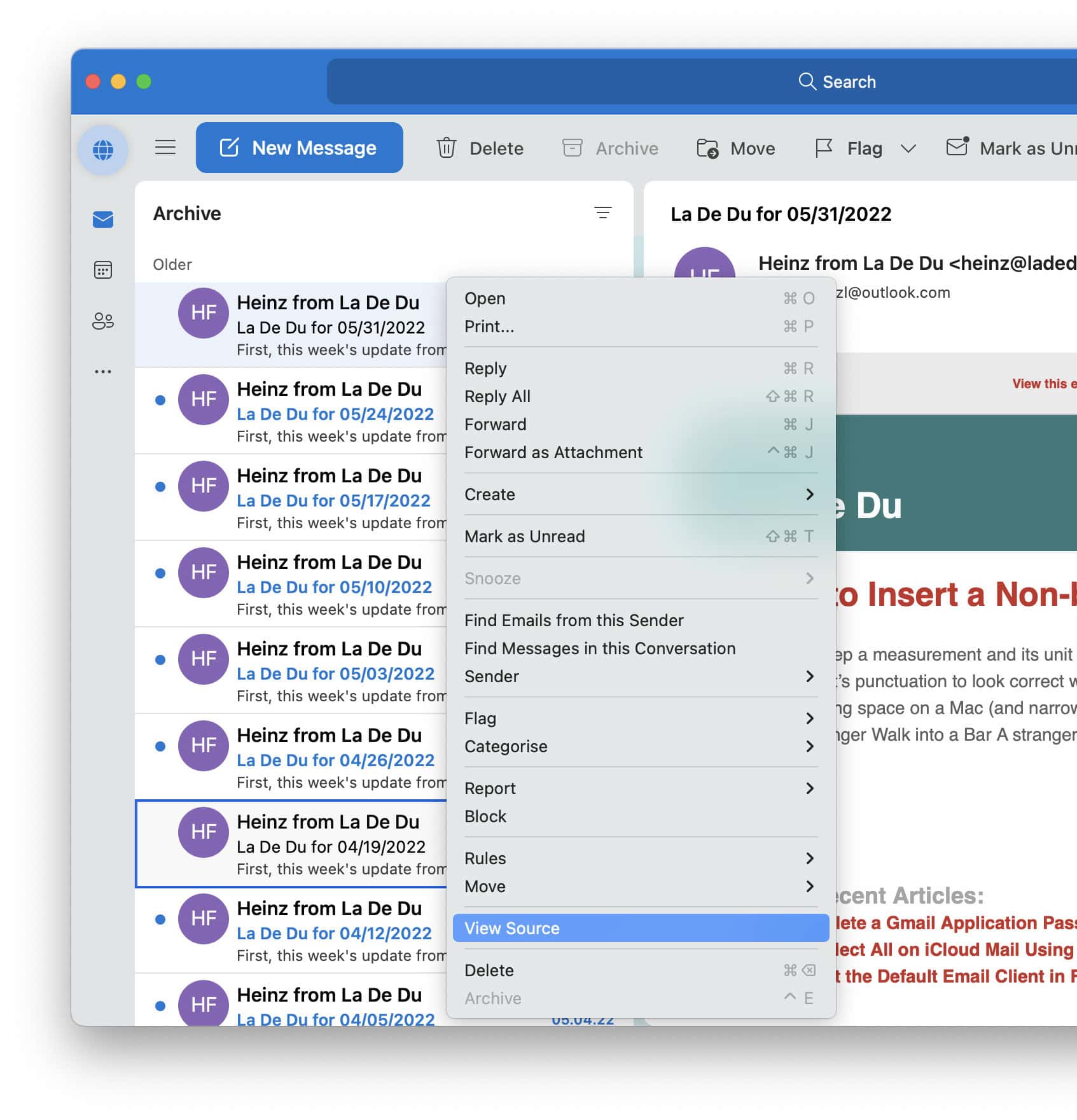 Access the email source and headers in Outlook for Mac