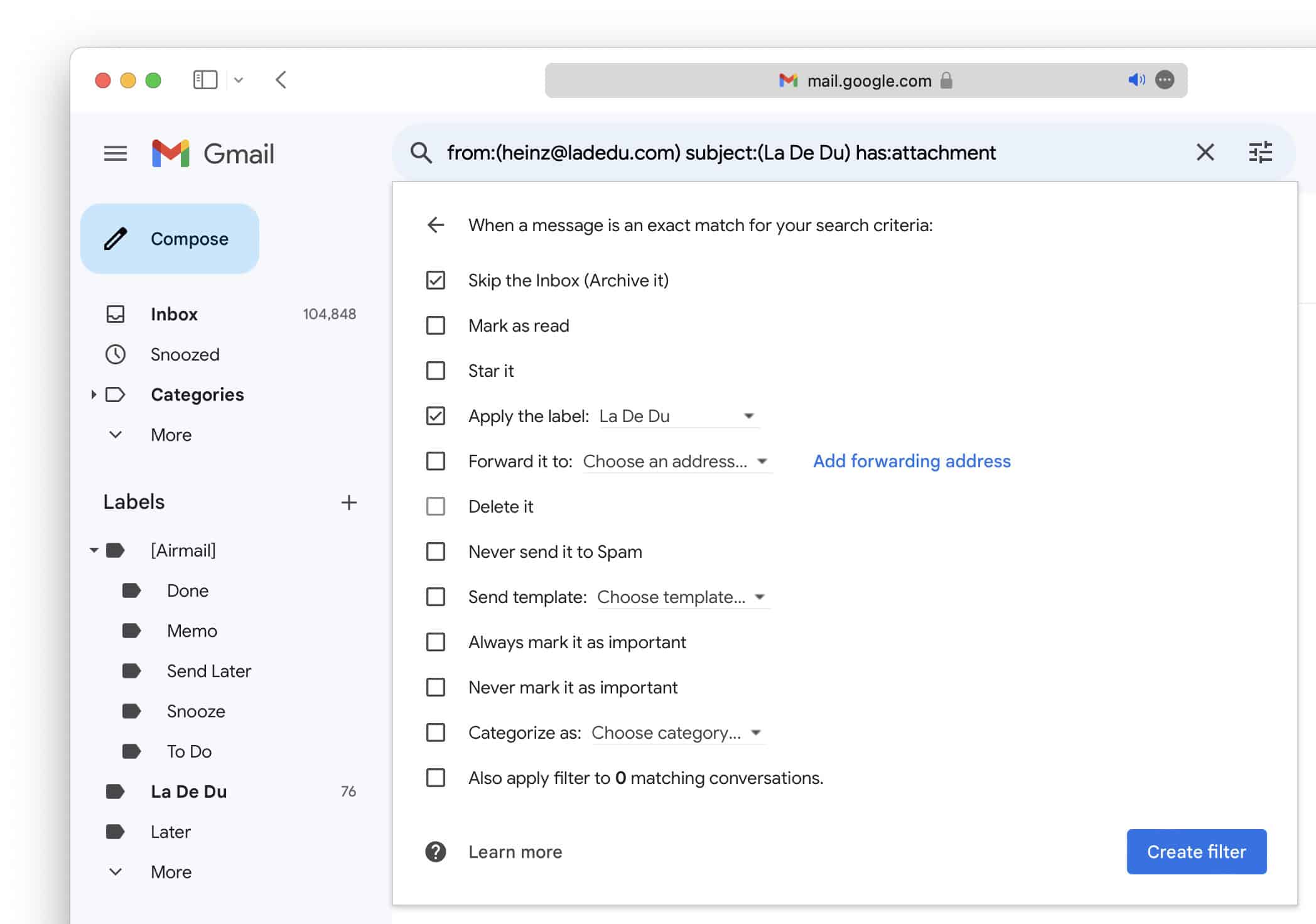 Click “Create filter” to have Gmail move incoming emails automatically to a folder with a rule