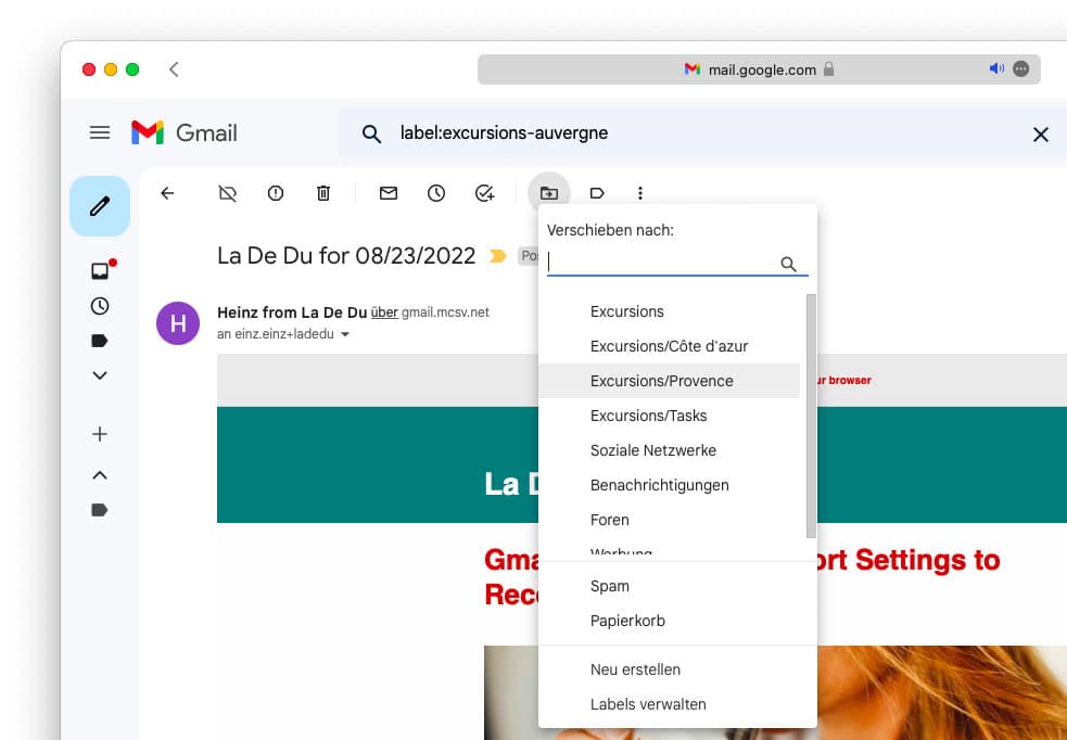 Klicken Sie den gewünschten Gmail Ordner, um die Email dorthin zu verschieben