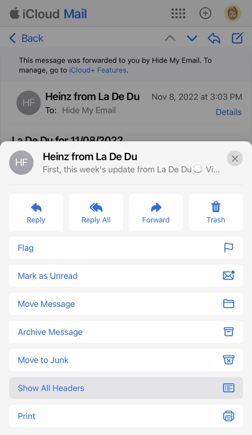 View full header lines in iCloud Mail on an iPhone